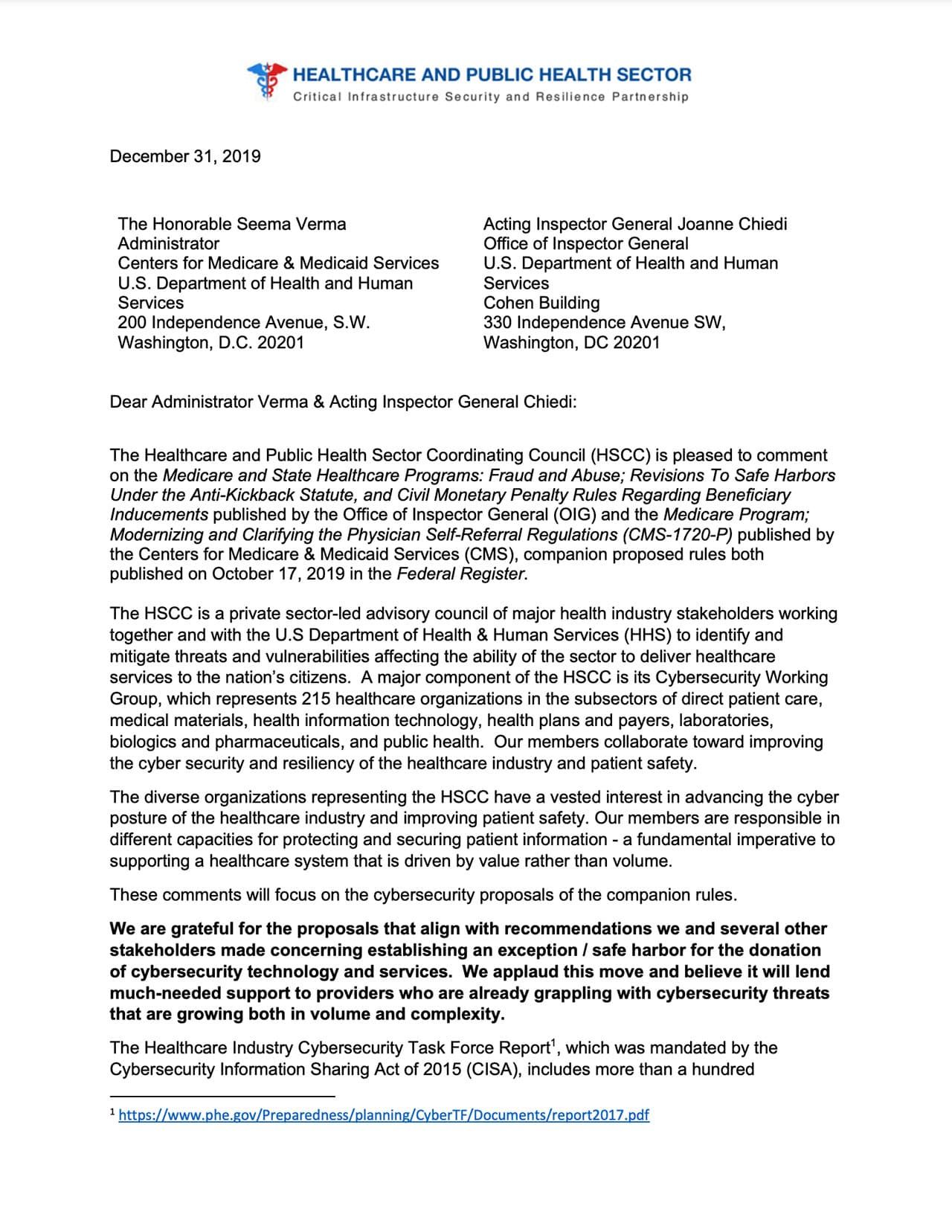 HSCC Letter To CMS And OIG On Stark And AKS