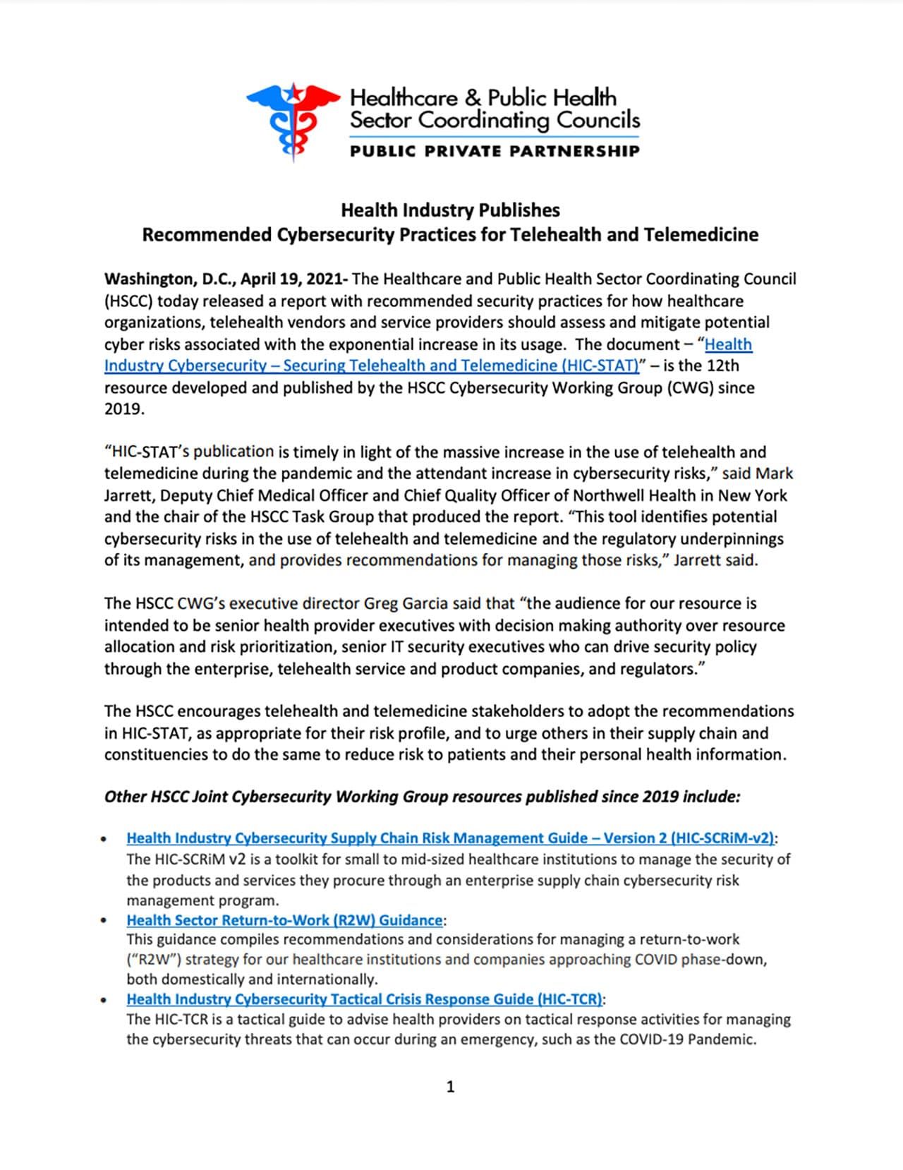 4/19/2021:  Health Sector Publishes Telehealth Cybersecurity Recommendations