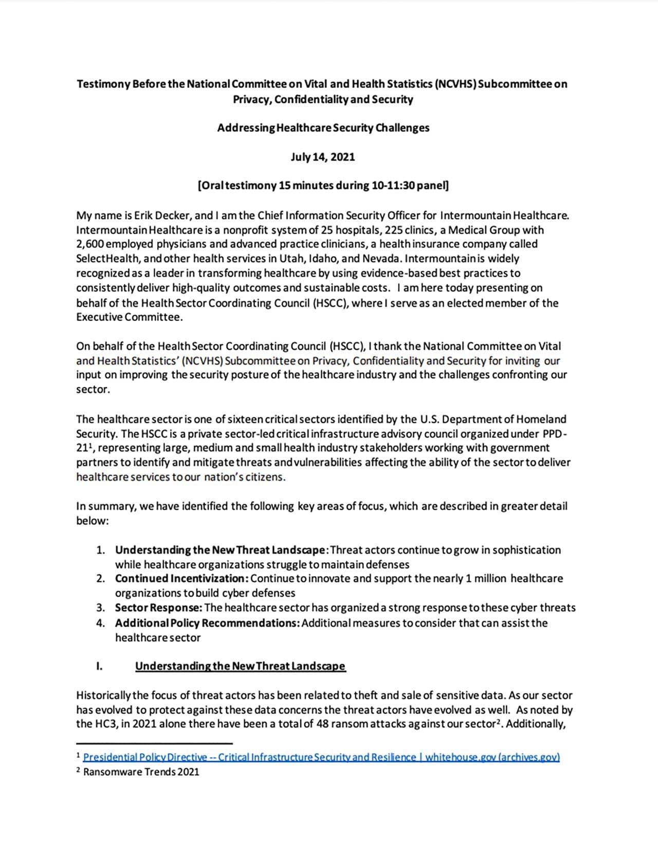 07/20/2021:  Testimony before HHS’ NCVHS Subcommittee Addressing Healthcare Security Challenges