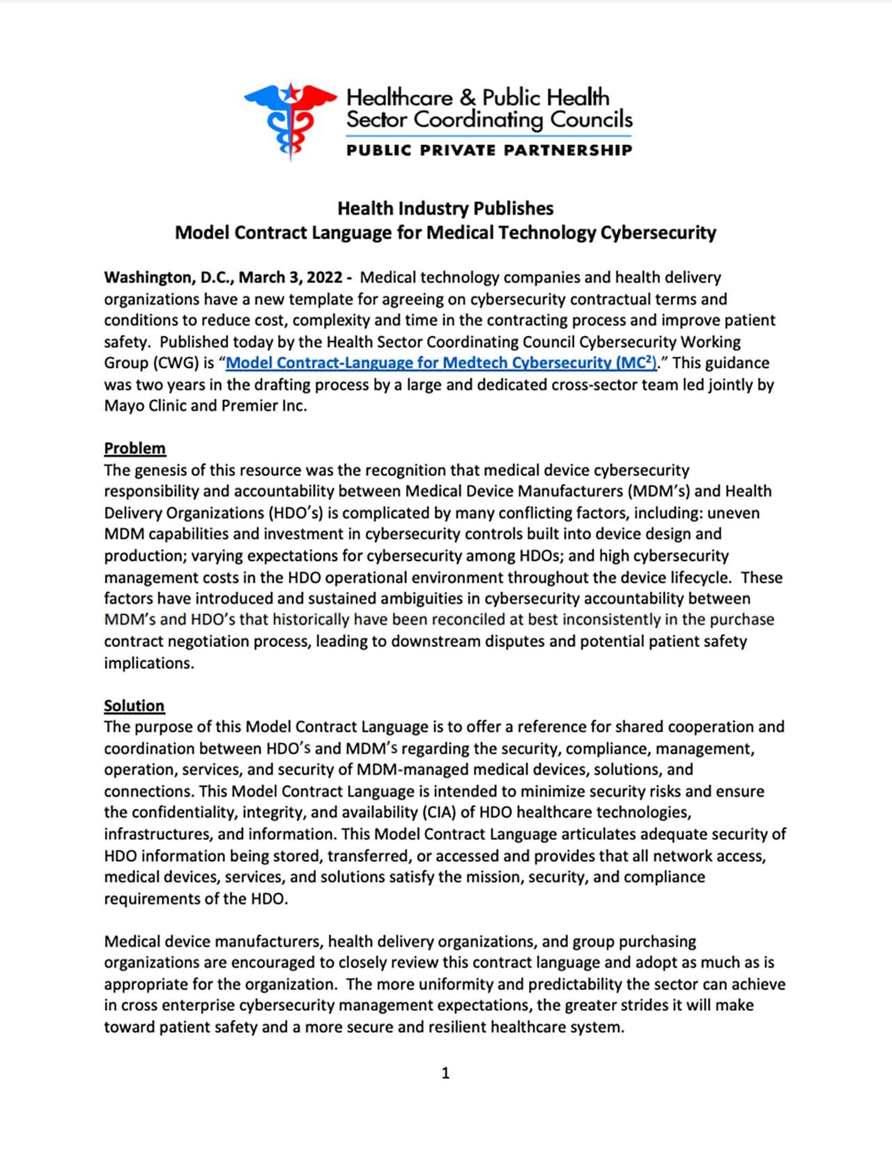 03/03/2022: Health Industry Publishes Model Contract Language for Medical Technology Cybersecurity