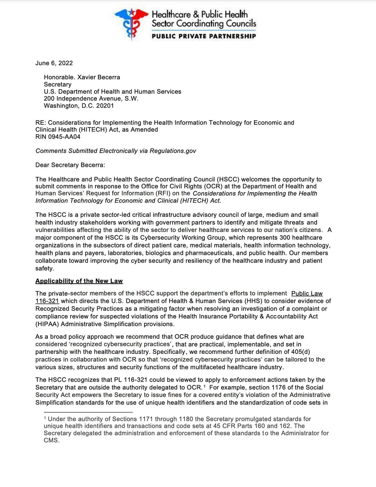 Health Sector Coordinating Council RFI Comment Letter