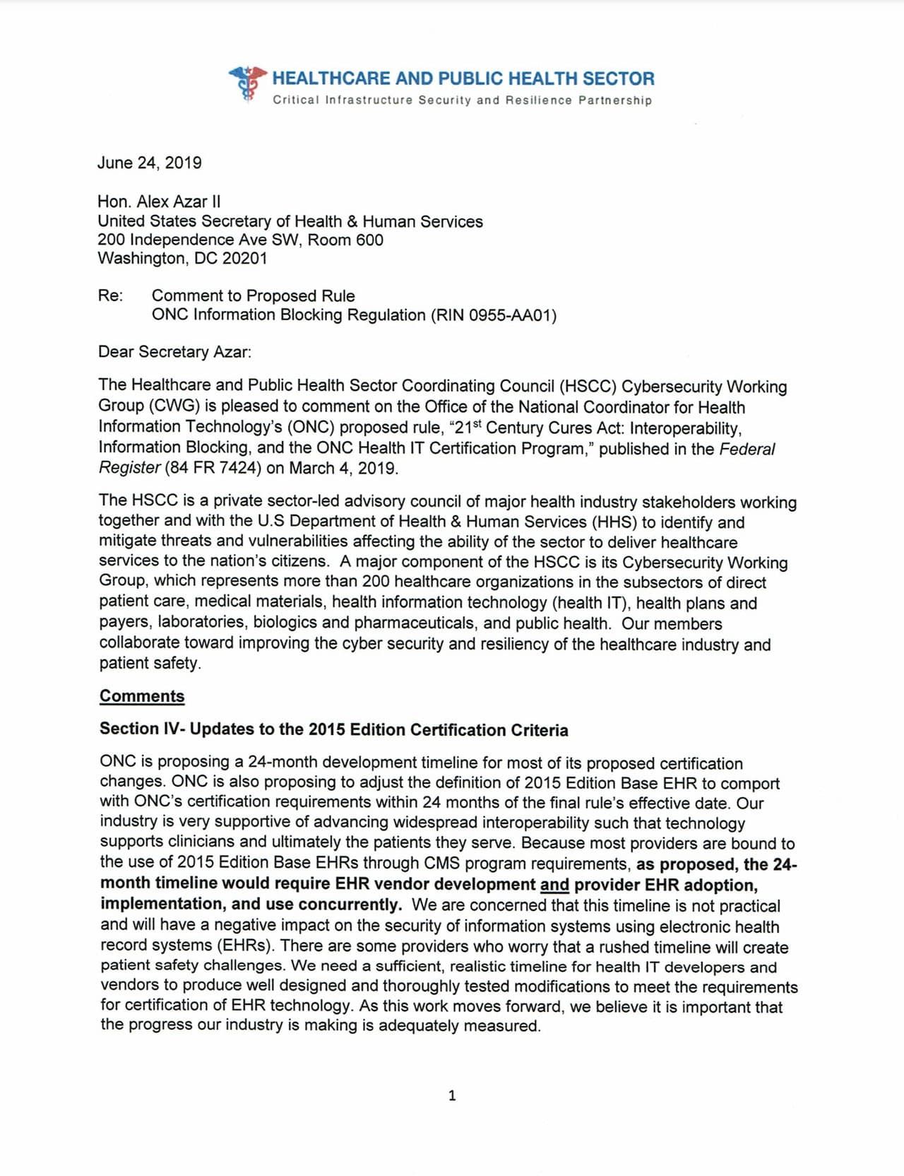 HPH SCC Cybersecurity Working Group Comments on HHS ONC Information Blocking RFI