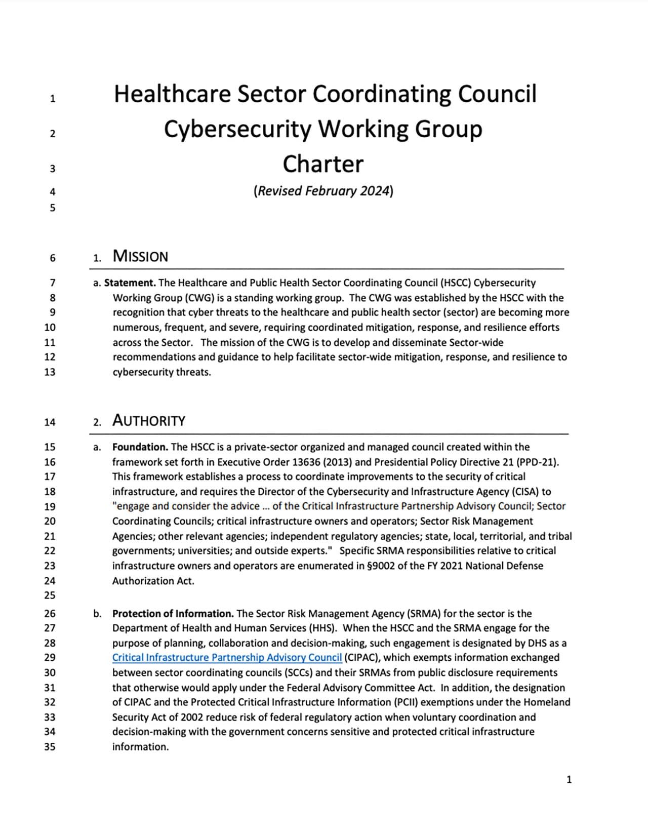 Healthcare Sector Coordinating Council Cybersecurity Working Group Charter