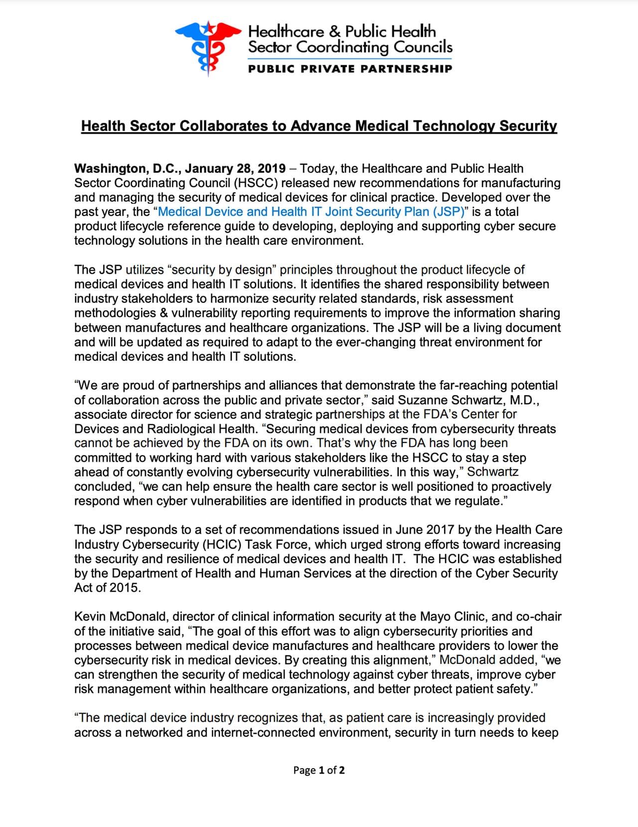 HSCC Releases the Medical Device and Health IT Joint Security Plan