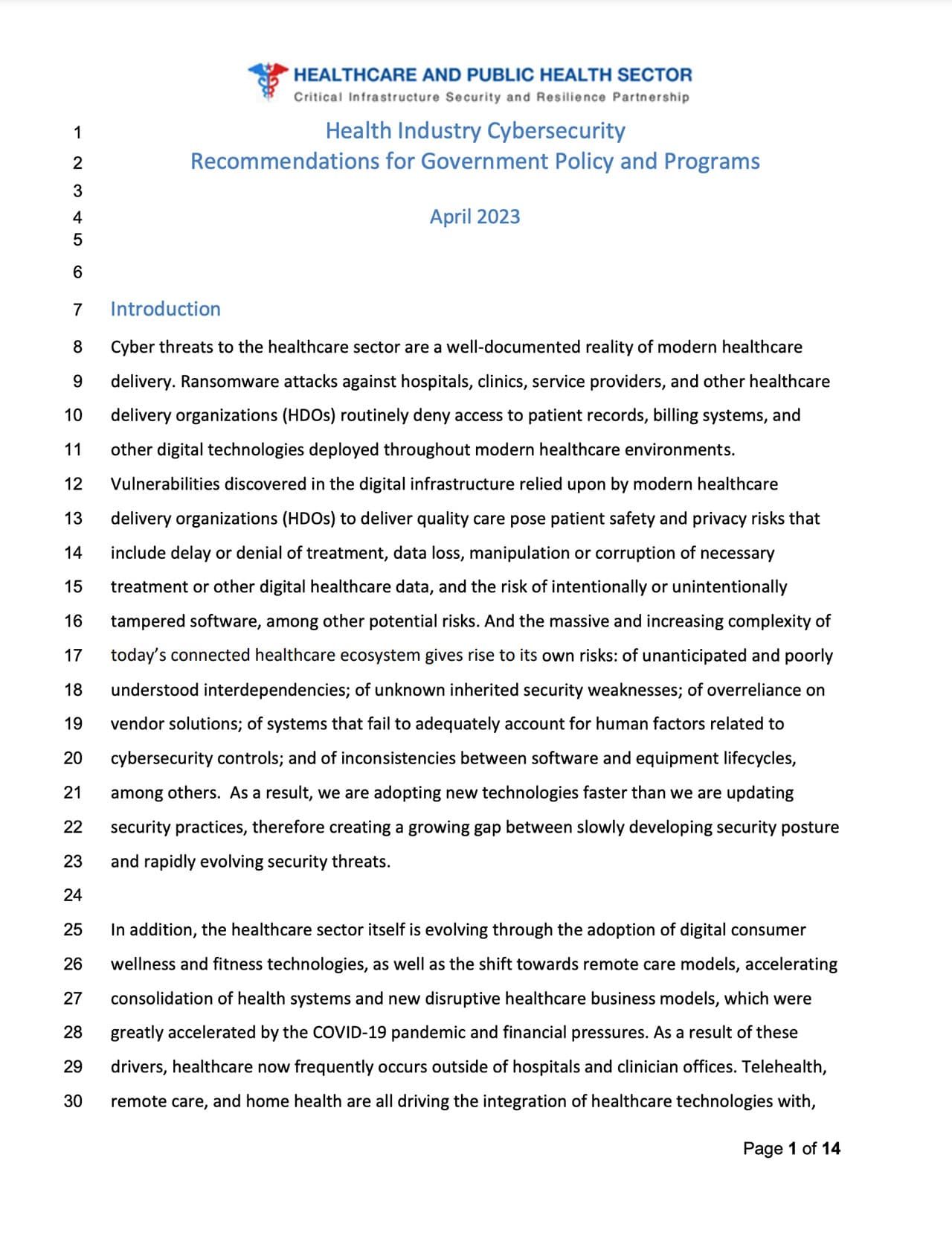 Health Industry Cybersecurity Recommendations for Government Policy and Programs