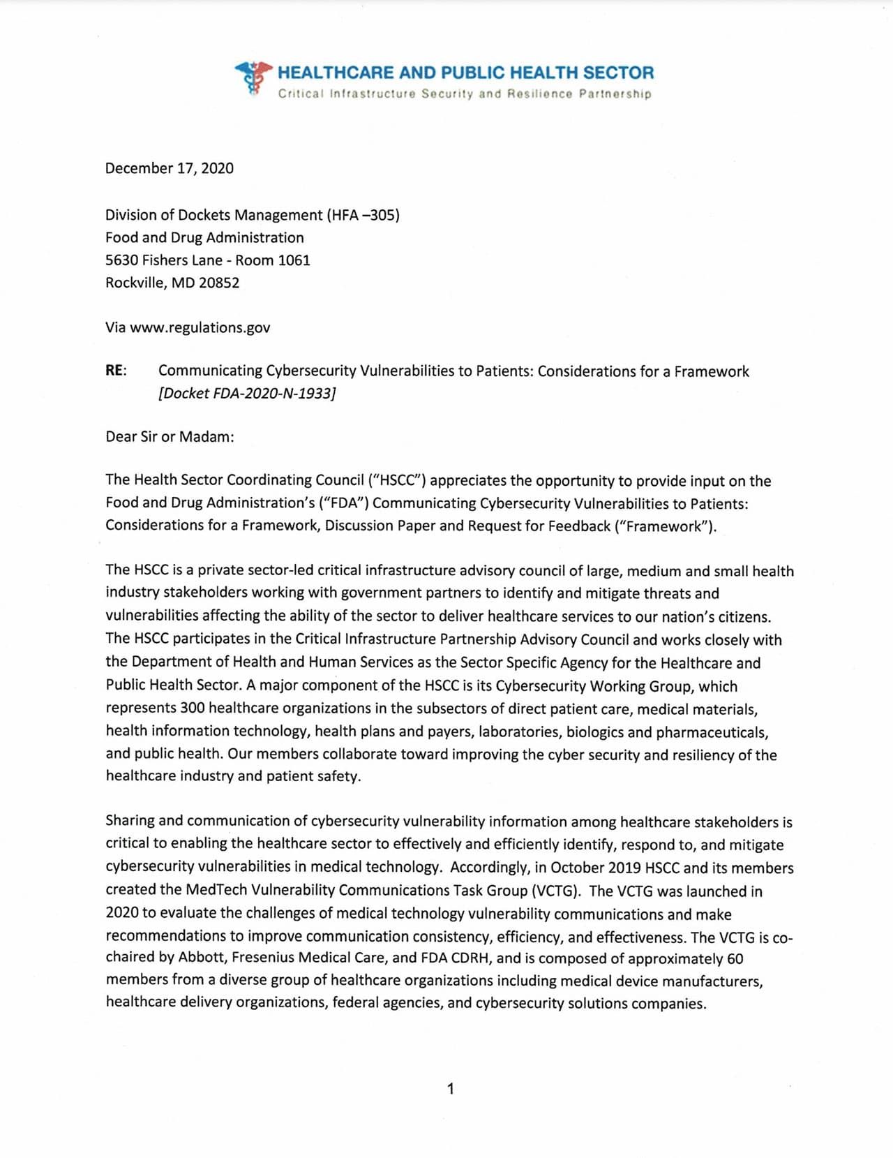 12/30/2020: HSCC Comment on FDA Cybersecurity Vulnerability Communications Framework