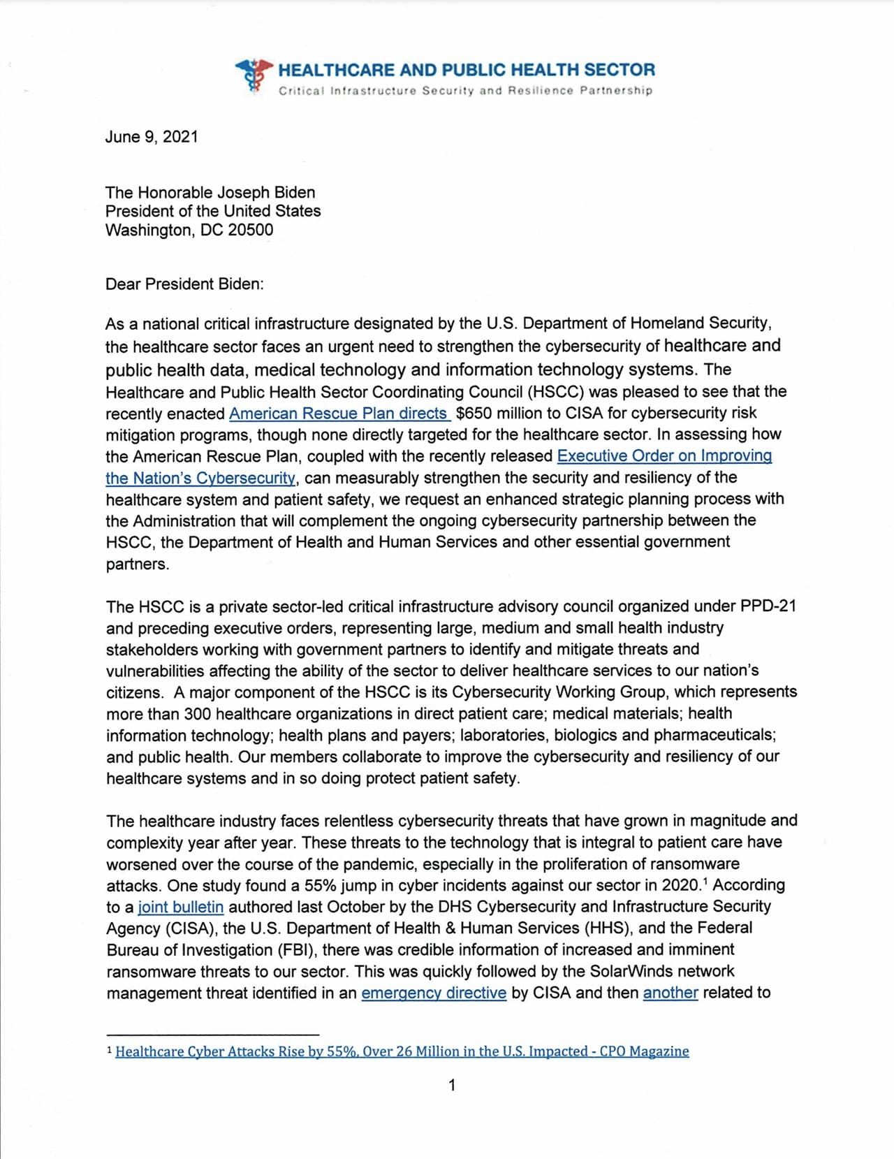 06/09/2021: Health Sector Cybersecurity Letter to President Biden