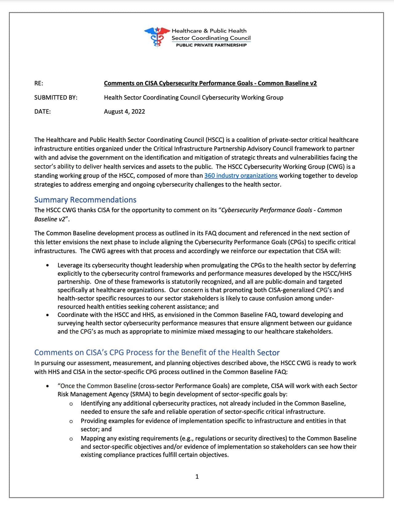 HSCC Comment Letter on CISA Cross-Sector Cybersecurity Performance Goals