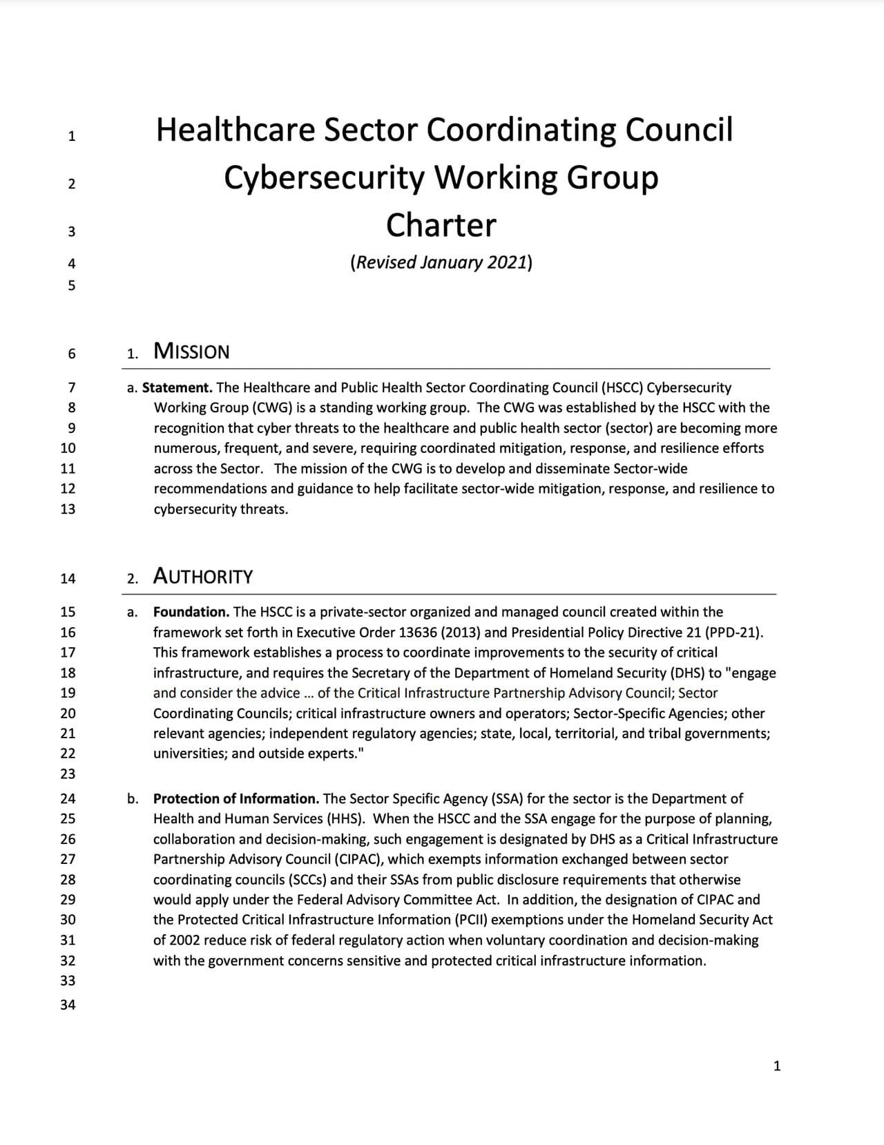 HSCC Cybersecurity Working Group Charter
