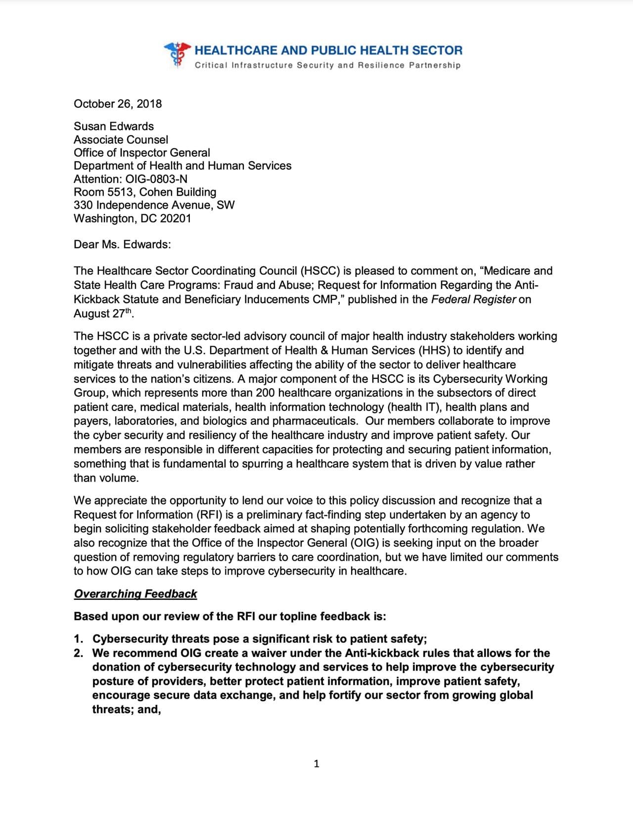 HPH SCC Cybersecurity Working Group Comments on HHS OIG Anti-Kickback Statute RFI